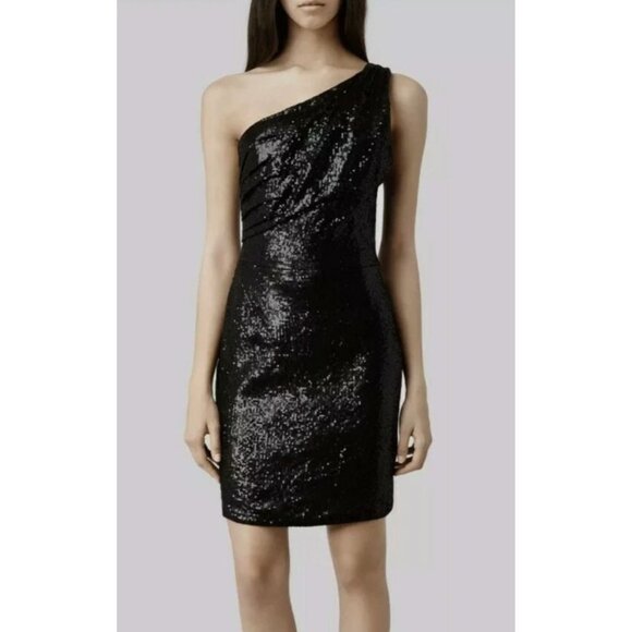 NWT AllSaints Cassis One Shoulder Black Sequin Mini Dress Sz US 0 $360 [jb] - Picture 1 of 11